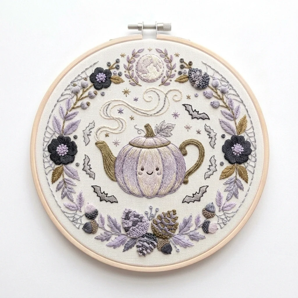 Autumn Pumpkin Teapot Moon Bats colored hand embroidery design