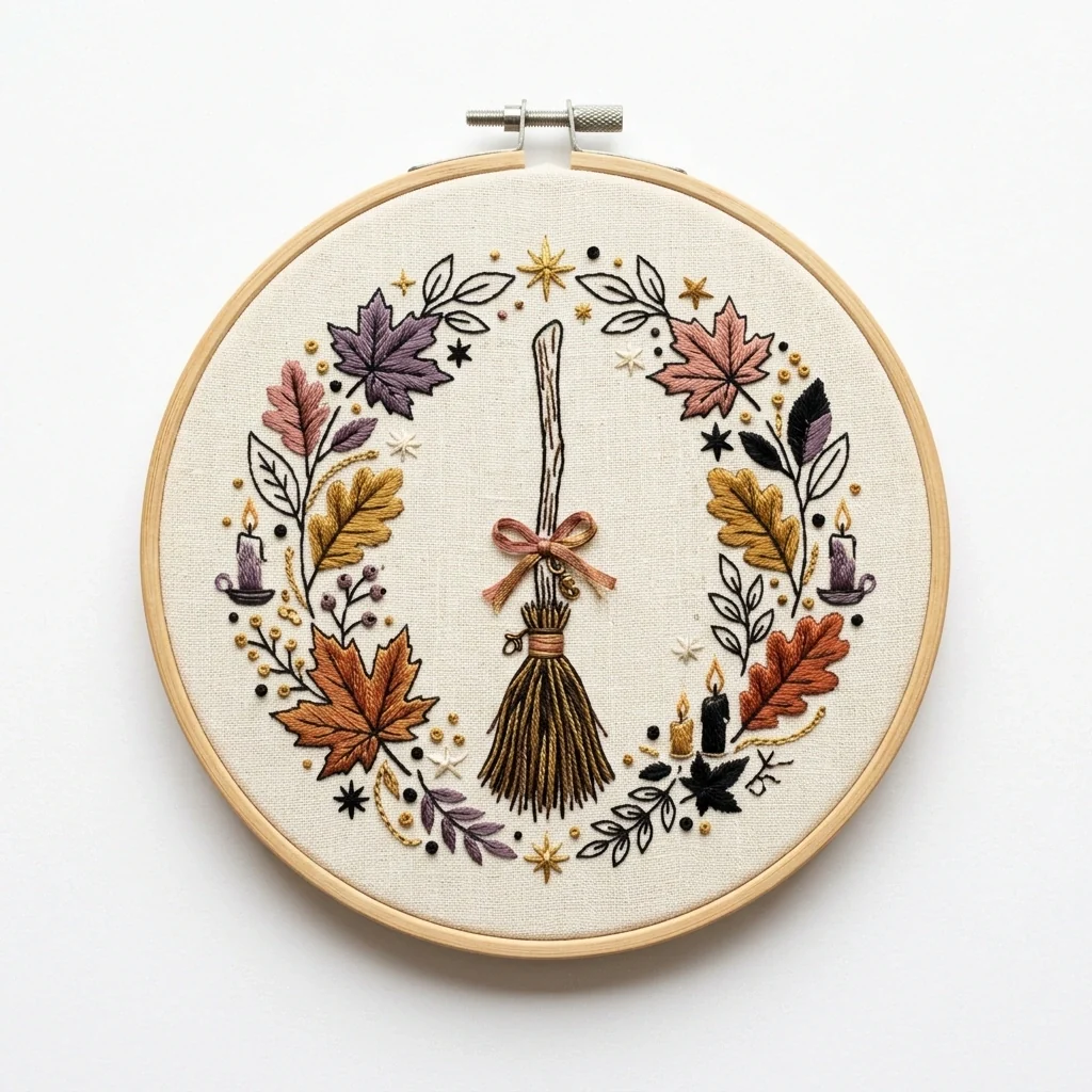 Autumn Witch Broom Fall Wreath colored hand embroidery design