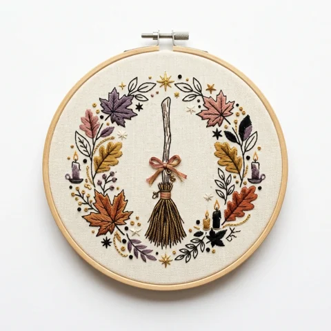 Autumn Witch Broom Fall Wreath hand embroidery design