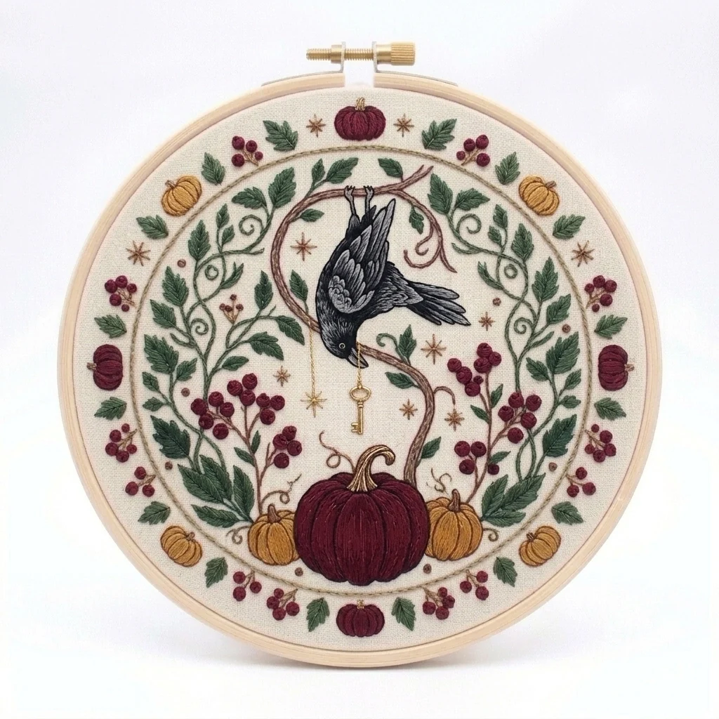 Autumnal Bird Pumpkins colored hand embroidery design