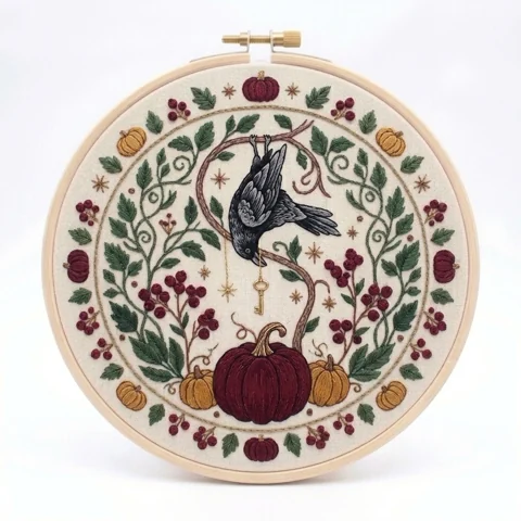 Autumnal Bird Pumpkins hand embroidery design