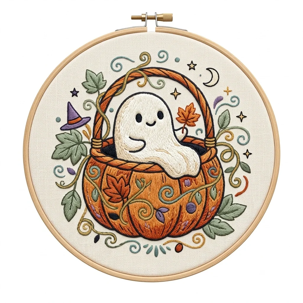 Basket Ghost Maple Leaves Autumn Magic Wreath colored hand embroidery design