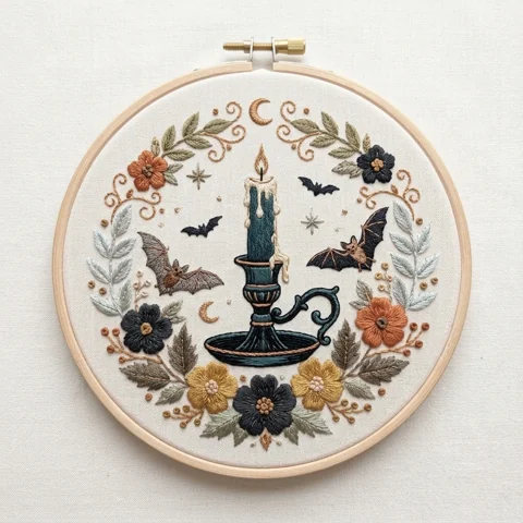 Bat Candle Autumn Floral Celestial Wreath hand embroidery design