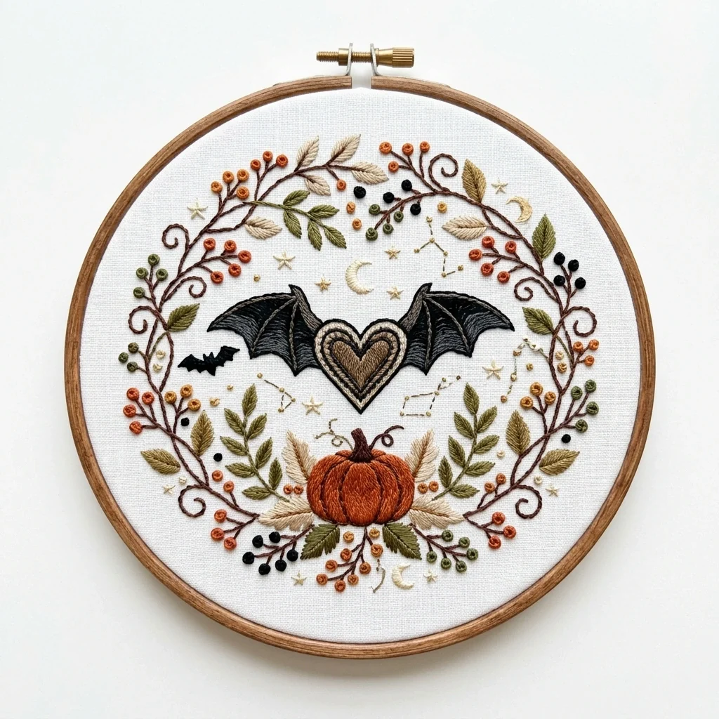 Bat Heart Pumpkin Celestial Autumn Wreath colored hand embroidery design