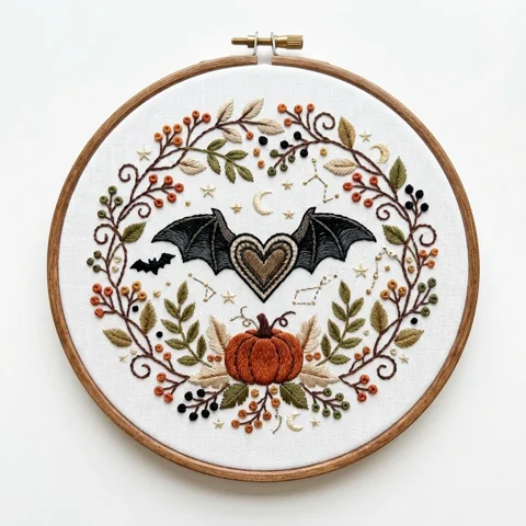 Bat Heart Pumpkin Celestial Autumn Wreath hand embroidery design