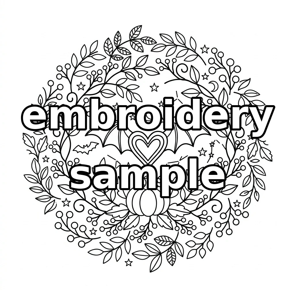 Watermarked Bat Heart Pumpkin Celestial Autumn Wreath embroidery outline
