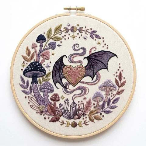 Bat Wing Heart Mushrooms Crystal Garden hand embroidery design