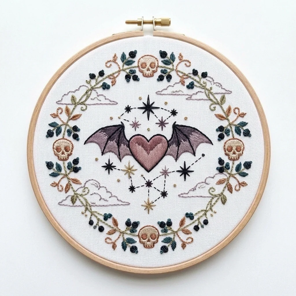 Bat Wing Heart Skulls Constellation Wreath colored hand embroidery design