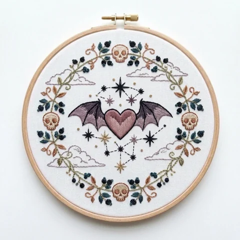 Bat Wing Heart Skulls Constellation Wreath hand embroidery design