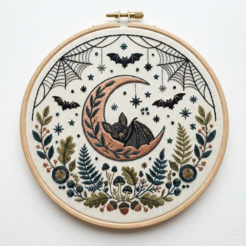 Bat Winged Black Cat on Copper Crescent with Spiderwebs and Woodland hand embroidery design