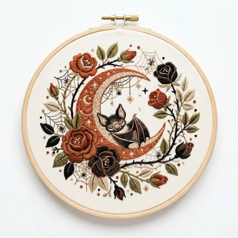 Bat Winged Black Cat on Rust Crescent with Gothic Roses and Spiderweb hand embroidery design