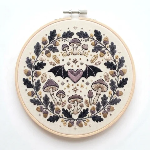 Bat Winged Heart with Mushrooms Acorns Crystals and Oak Leaf Wreath hand embroidery design