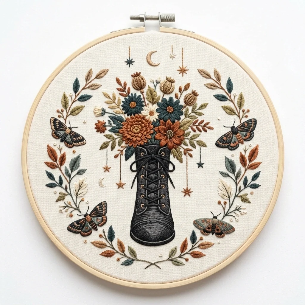 Black Boot Autumn Florals Moths colored hand embroidery design