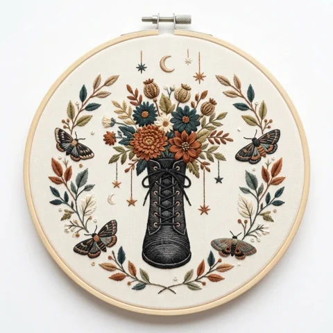 Black Boot Autumn Florals Moths hand embroidery design