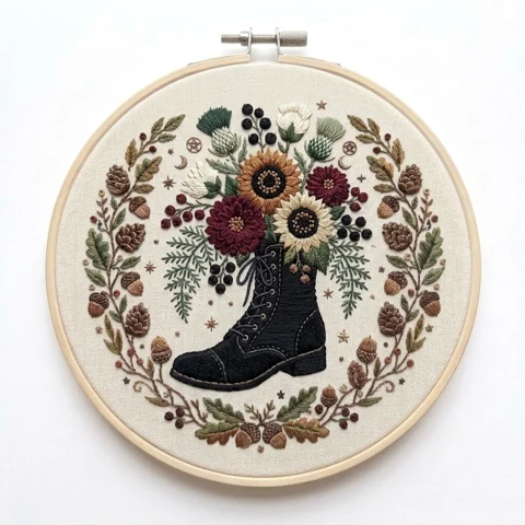Black Boot Woodland Wreath hand embroidery design