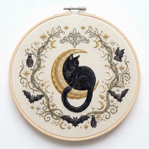 Black Cat Crescent Bat Wreath hand embroidery design