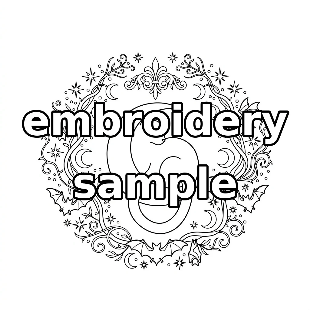 Watermarked Black Cat Crescent Bat Wreath embroidery outline
