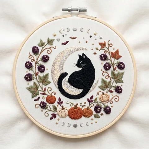 Black Cat Crescent Moon Autumn Berry Wreath hand embroidery design