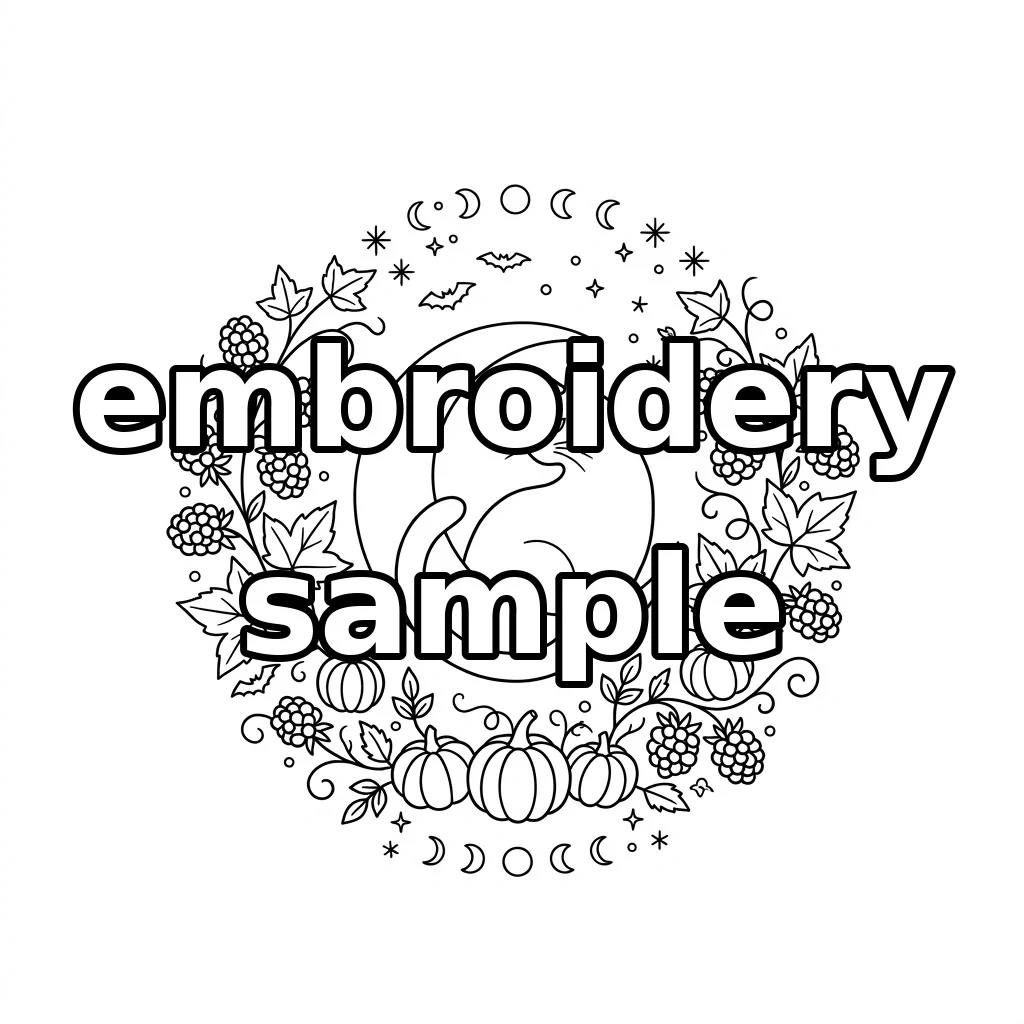 Watermarked Black Cat Crescent Moon Autumn Berry Wreath embroidery outline