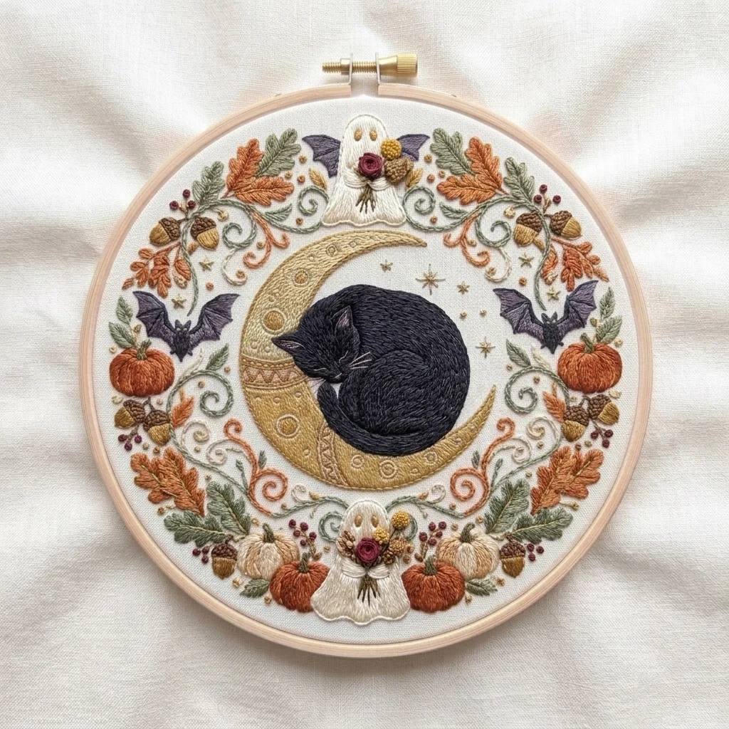Black Cat Crescent Moon Autumn Ghost Wreath colored hand embroidery design