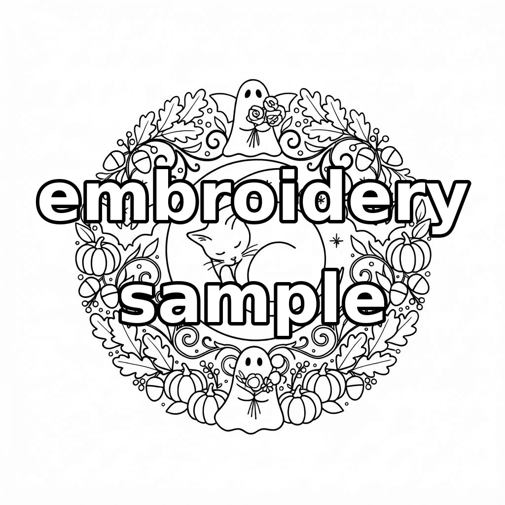 Watermarked Black Cat Crescent Moon Autumn Ghost Wreath embroidery outline