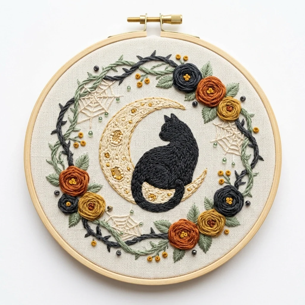 Black Cat Crescent Moon Autumn Spider Wreath colored hand embroidery design