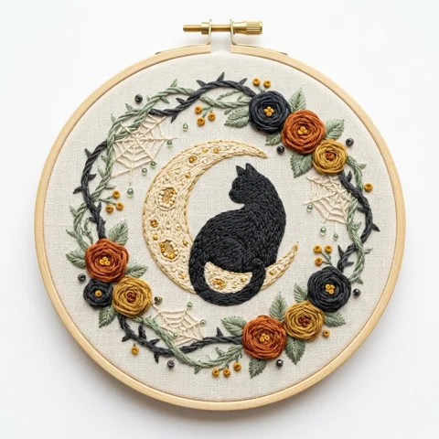 Black Cat Crescent Moon Autumn Spider Wreath hand embroidery design