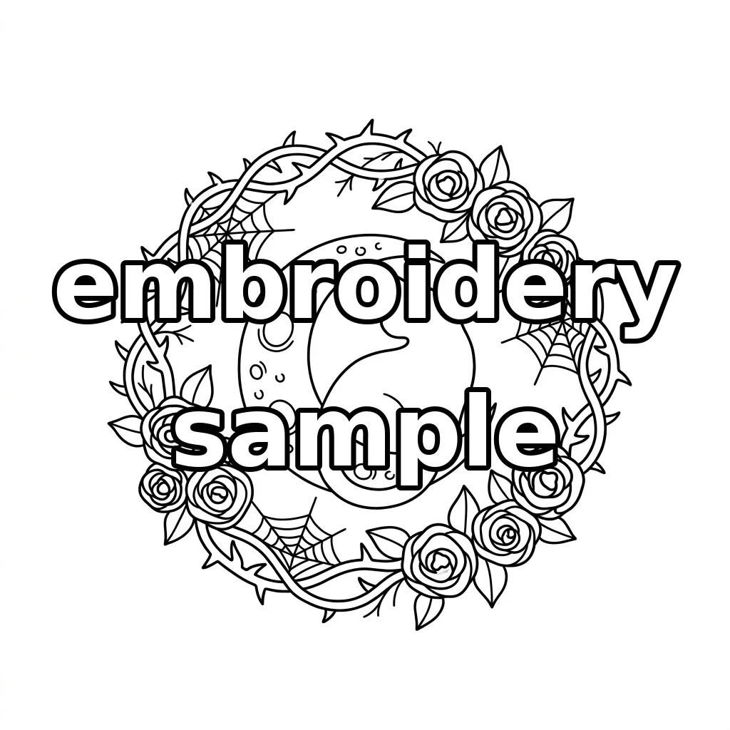 Watermarked Black Cat Crescent Moon Autumn Spider Wreath embroidery outline