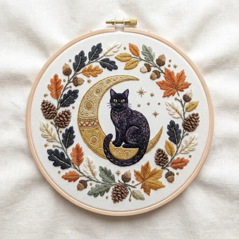 Black Cat Crescent Moon Autumn Woodland Wreath hand embroidery design