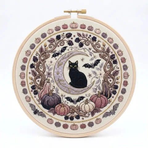 Black Cat Crescent Moon Pumpkin Wreath hand embroidery design