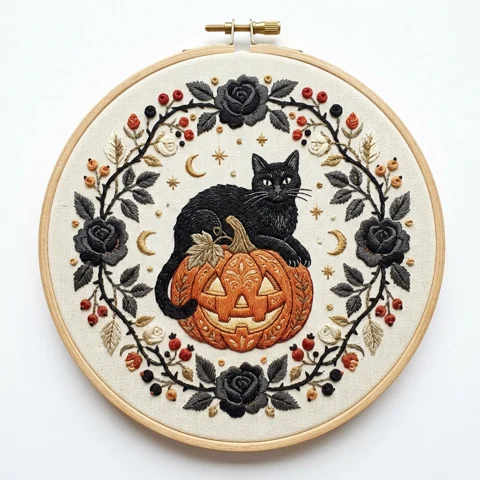 Black Cat Jack O Lantern hand embroidery design