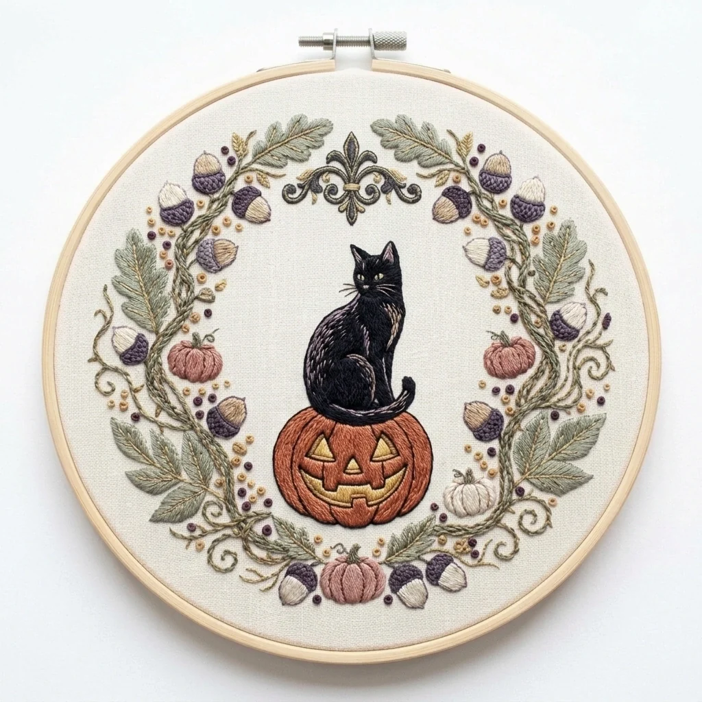 Black Cat Jack O Lantern Acorn Wreath colored hand embroidery design