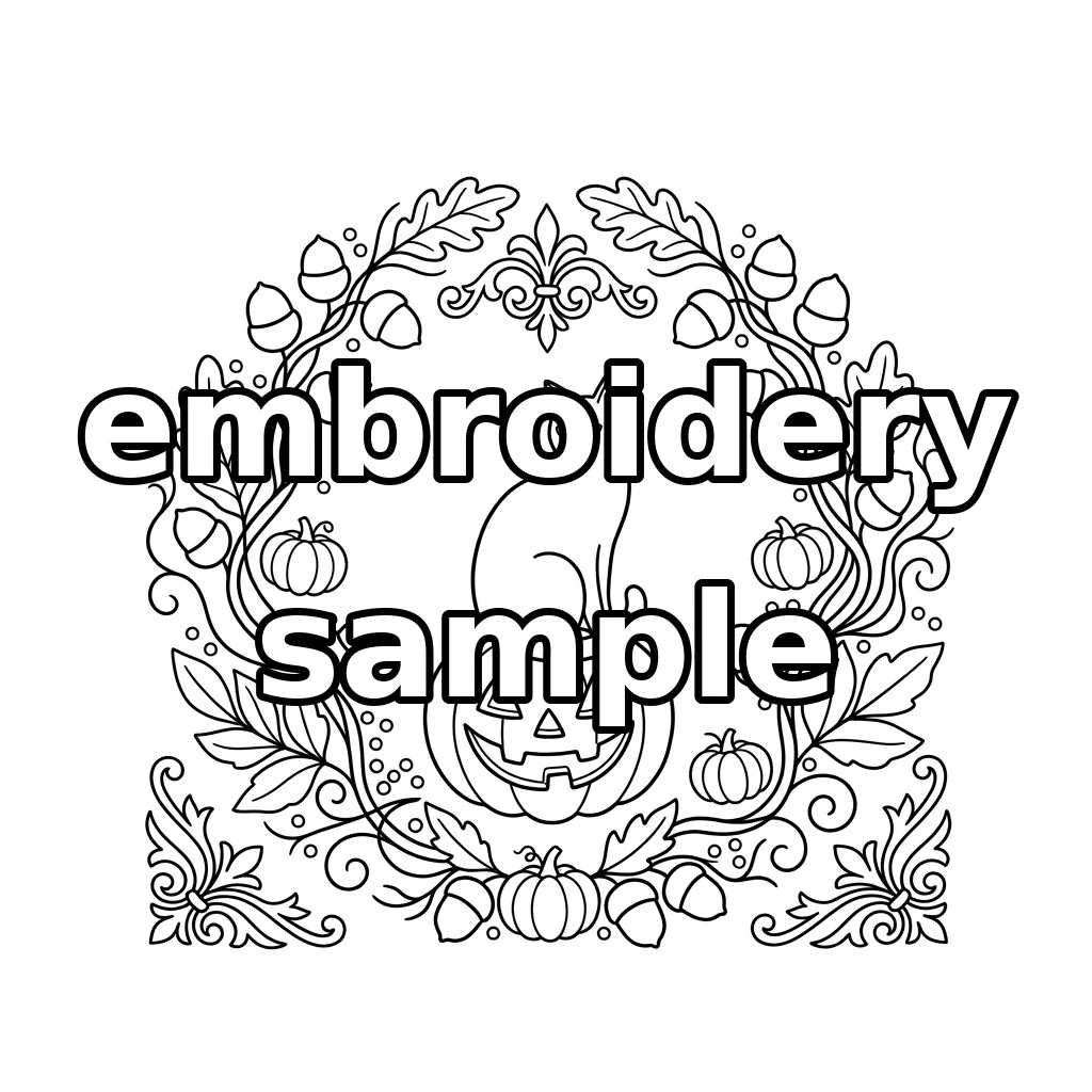 Watermarked Black Cat Jack O Lantern Acorn Wreath embroidery outline