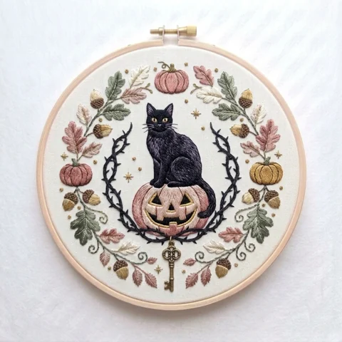 Black Cat, Jack-o'-Lantern and Autumn Acorn Wreath hand embroidery design