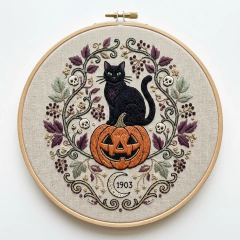Black Cat Jack O Lantern Skulls Botanical Wreath hand embroidery design