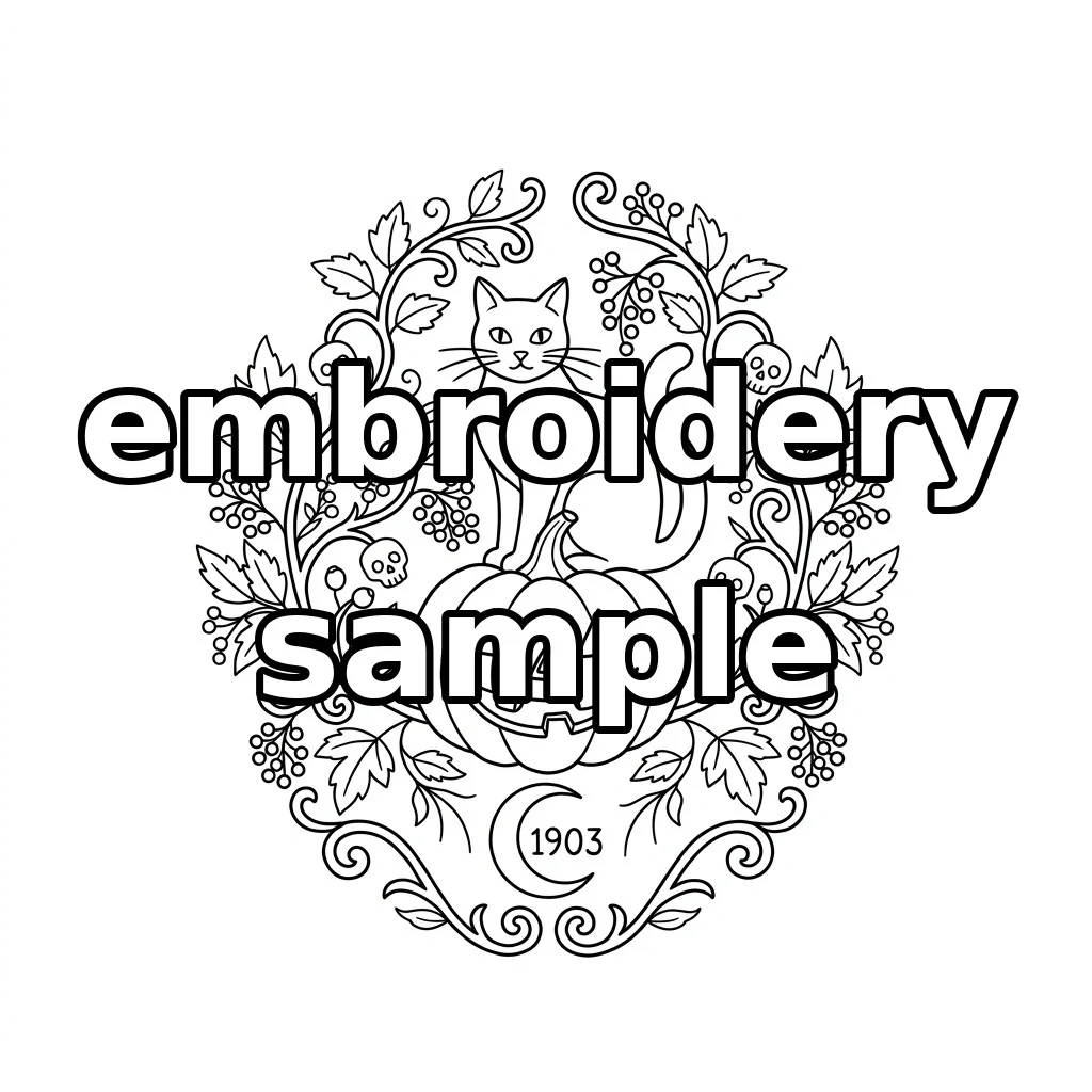 Watermarked Black Cat Jack O Lantern Skulls Botanical Wreath embroidery outline