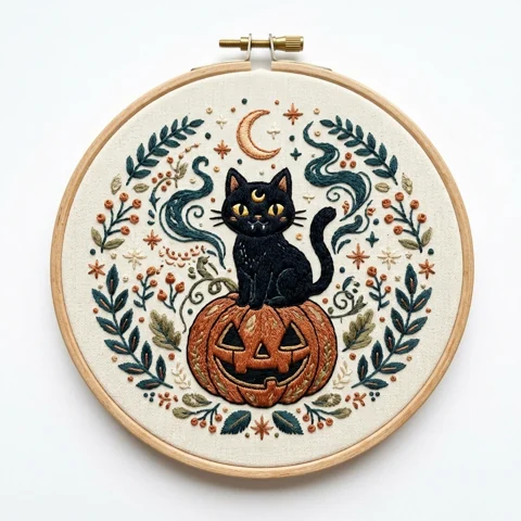 Black Cat Jack O Lantern Teal Smoke Harvest Wreath hand embroidery design