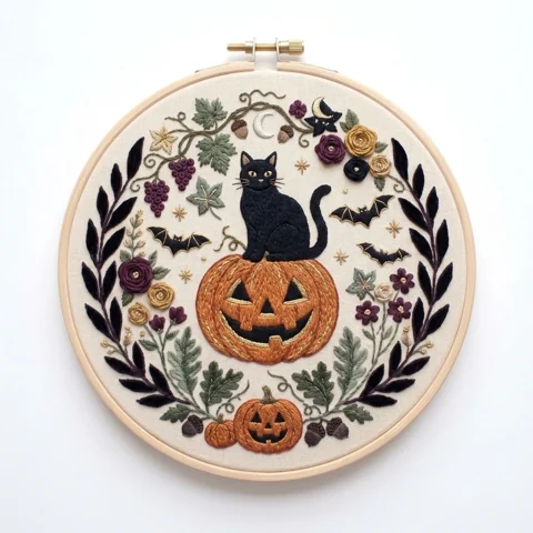 Black Cat and Woodland Halloween Jack-o'-Lantern hand embroidery design