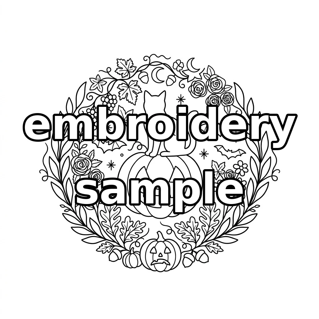 Watermarked Black Cat and Woodland Halloween Jack-o'-Lantern embroidery outline