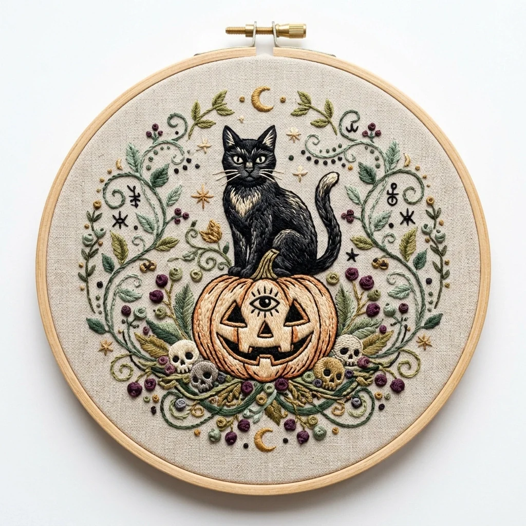 Black Cat Occult Pumpkin Skull Wreath colored hand embroidery design