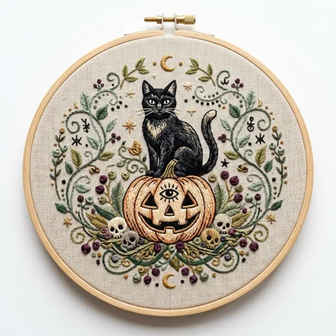 Black Cat Occult Pumpkin Skull Wreath hand embroidery design