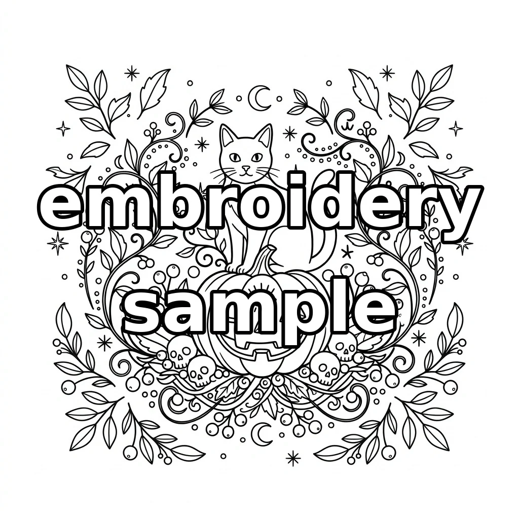 Watermarked Black Cat Occult Pumpkin Skull Wreath embroidery outline