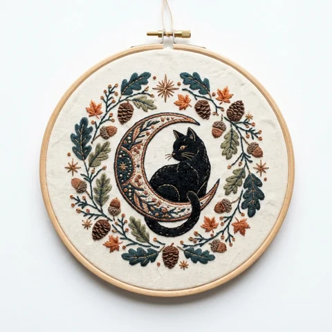 Black Cat on Autumn Crescent with Oak Leaves Acorns and Pinecones hand embroidery design