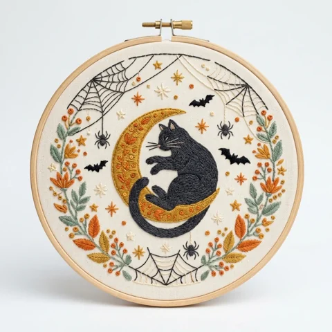 Black Cat on Harvest Moon hand embroidery design
