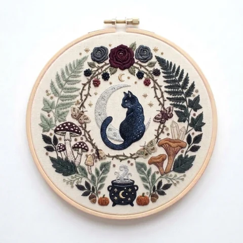 Black Cat on Silver Crescent with Roses Ferns Mushrooms and Celestial hand embroidery design