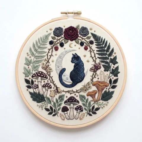 Black Cat on Silver Crescent with Roses Moths and Woodland Mushrooms hand embroidery design