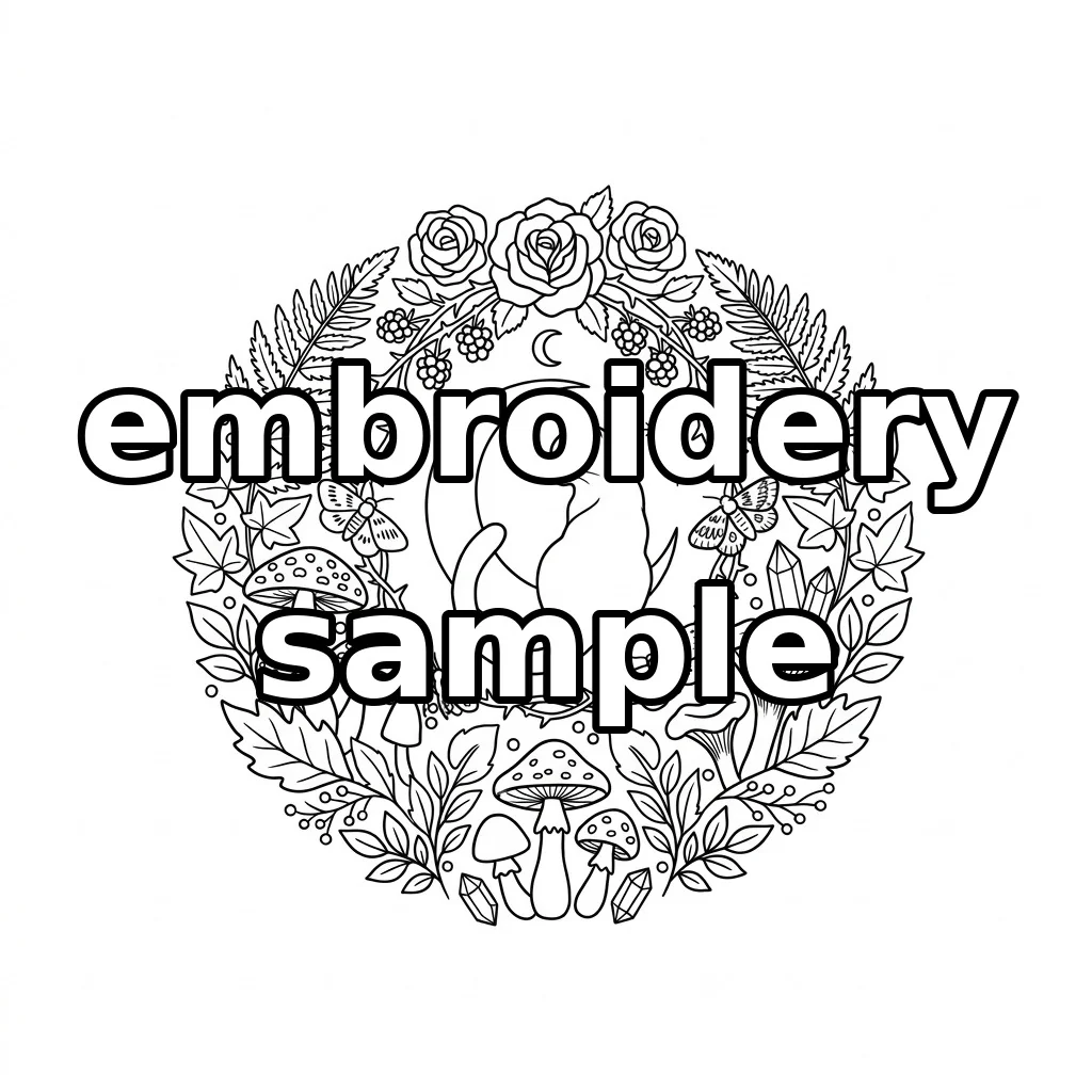 Watermarked Black Cat on Silver Crescent with Roses Moths and Woodland Mushrooms embroidery outline