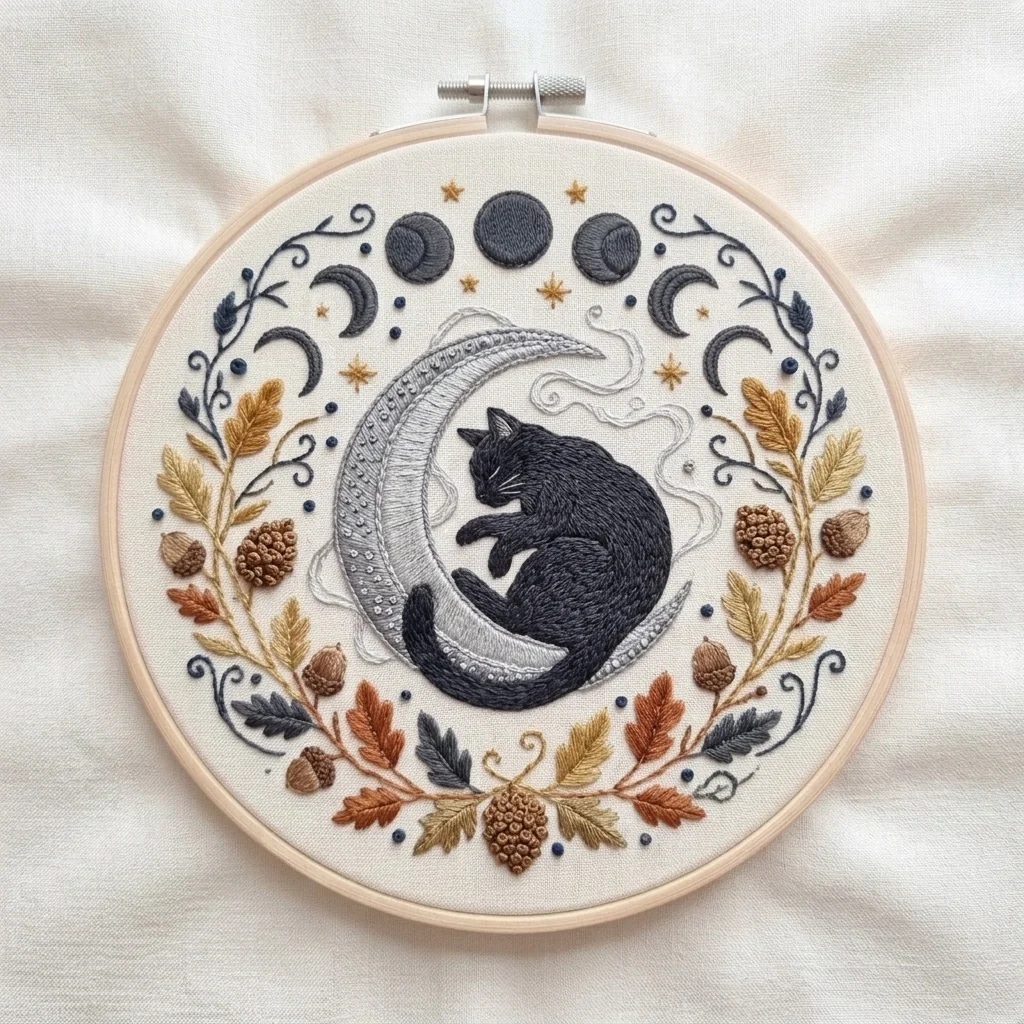 Black Cat Silver Crescent Autumn Acorn Wreath colored hand embroidery design