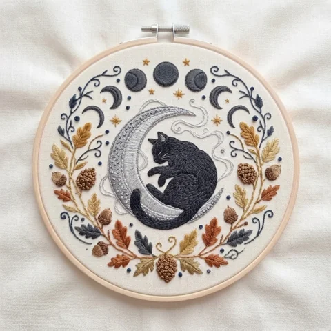 Black Cat Silver Crescent Autumn Acorn Wreath hand embroidery design