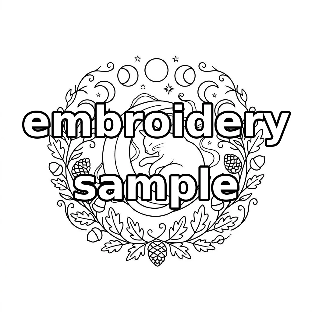 Watermarked Black Cat Silver Crescent Autumn Acorn Wreath embroidery outline